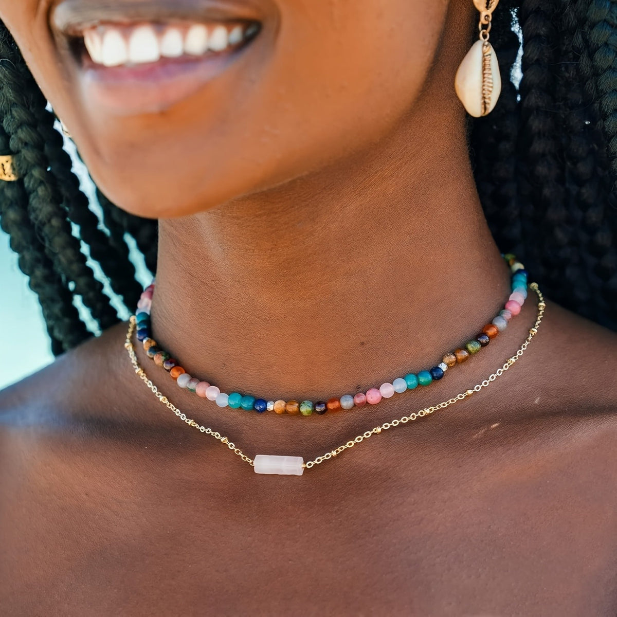 Multicolor Crystal & White Bar Layered Necklace