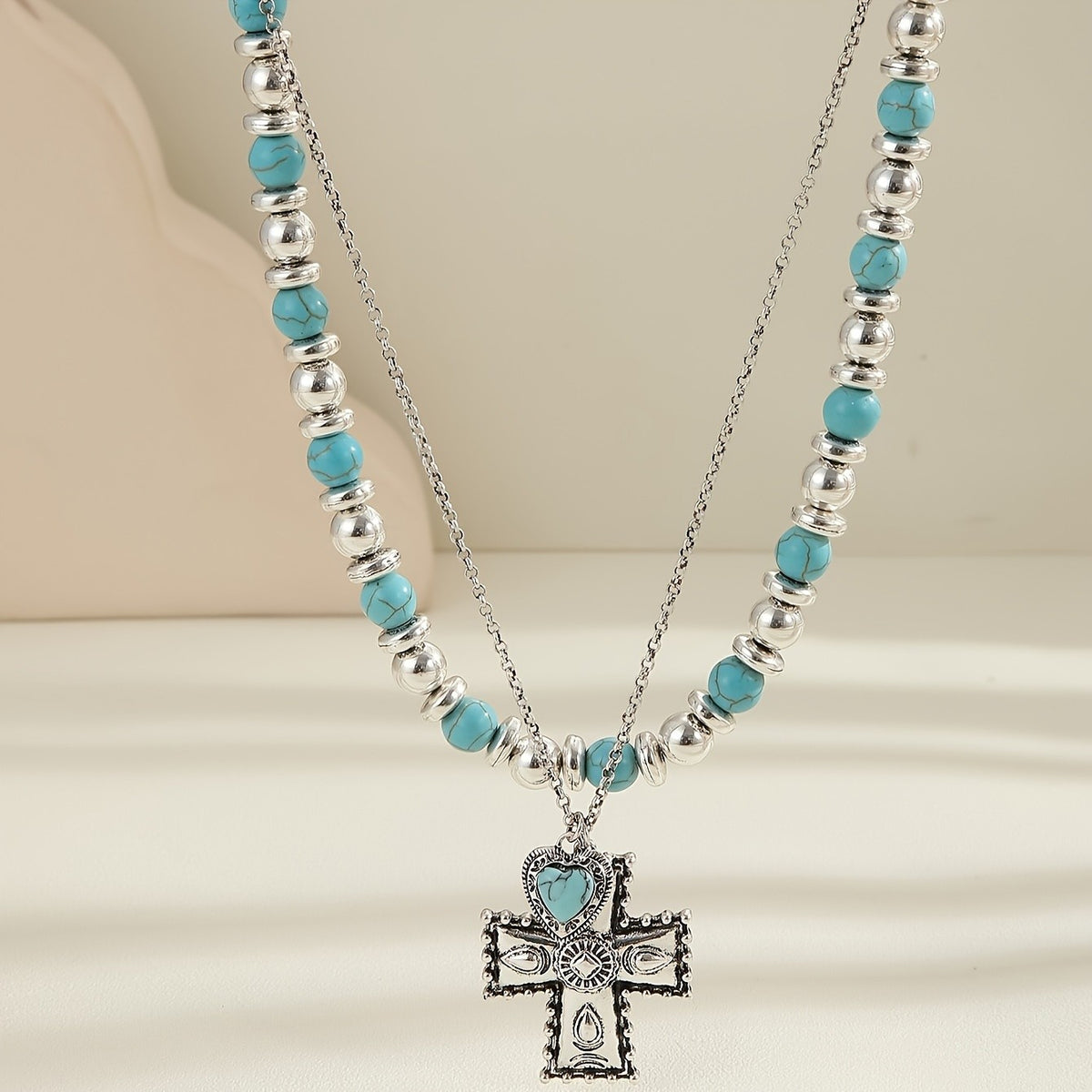 Turquoise Heart Cross Beaded Necklace