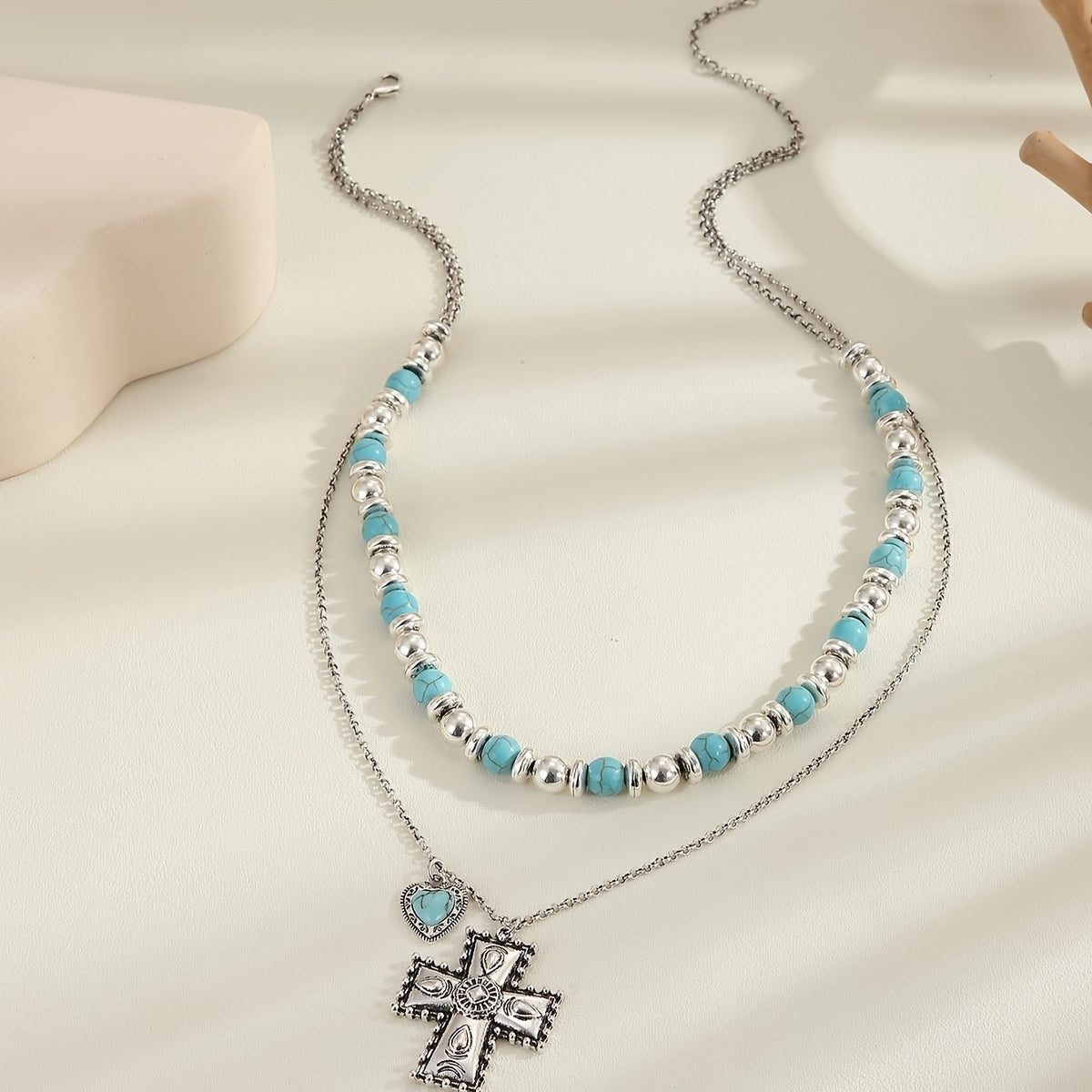 Turquoise Heart Cross Beaded Necklace
