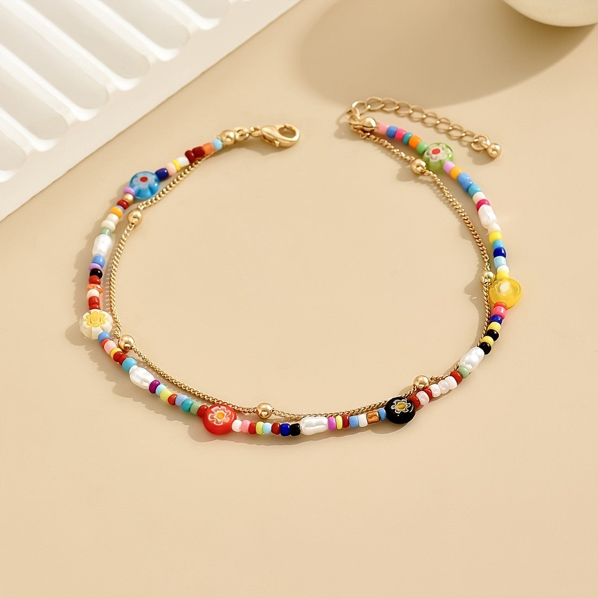 Colorful Beaded Floral Anklet Set