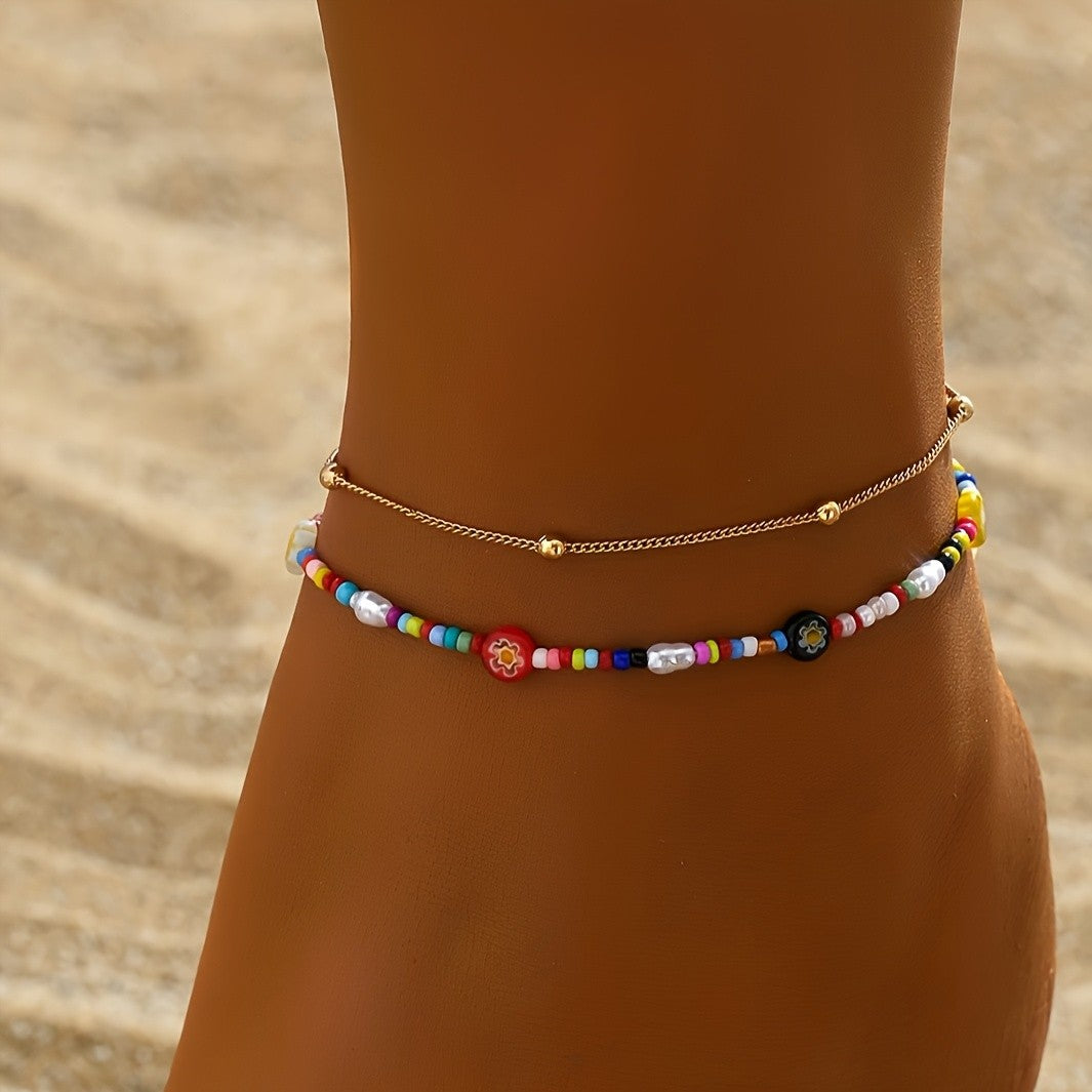 Colorful Beaded Floral Anklet Set