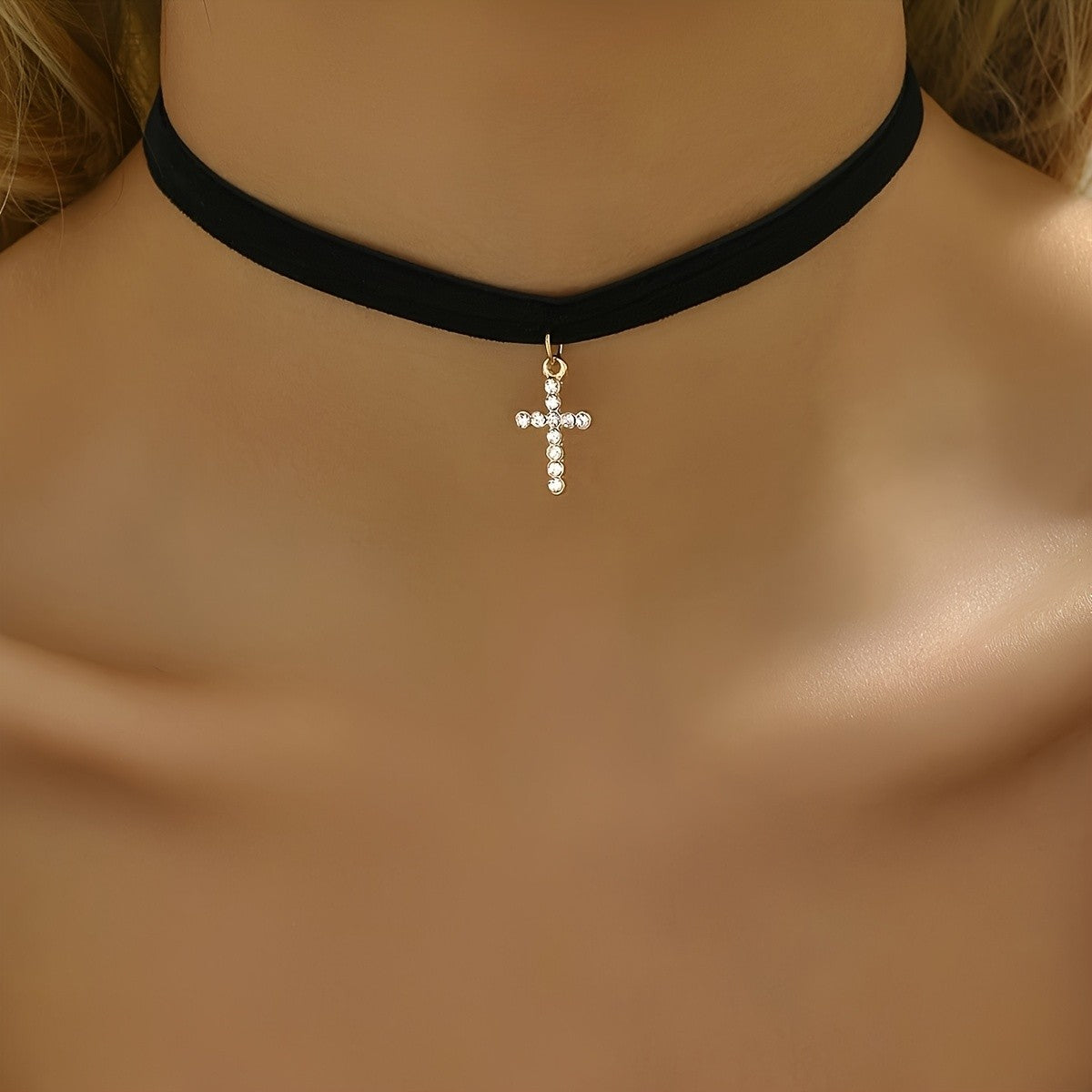 Crystal Cross Velvet Choker Necklace