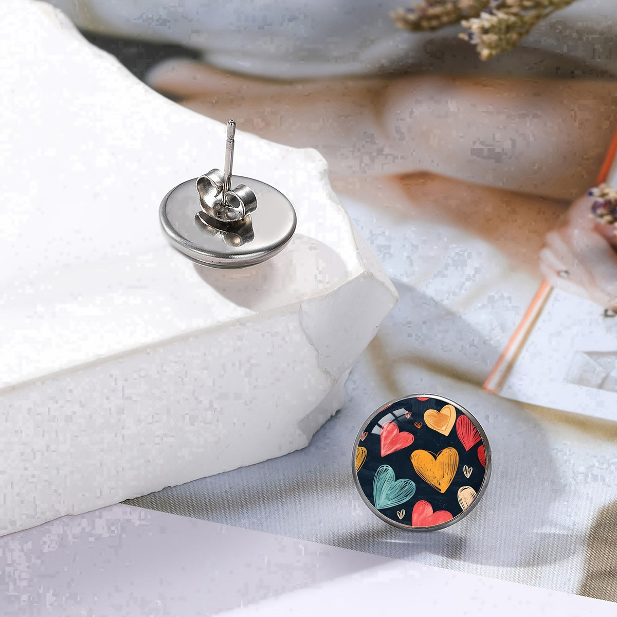 Multi-Color Heart Pattern Stud Earrings