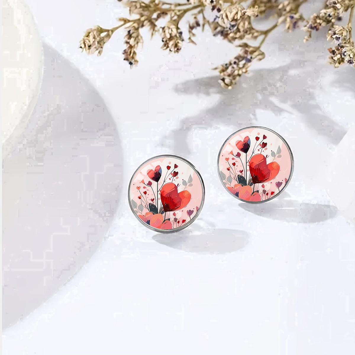 Red Heart Floral Stud Earrings