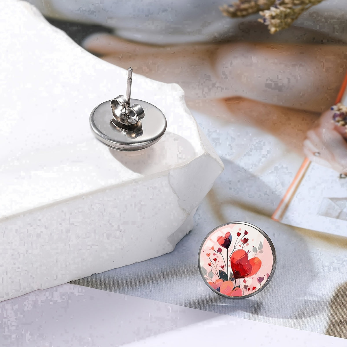 Red Heart Floral Stud Earrings