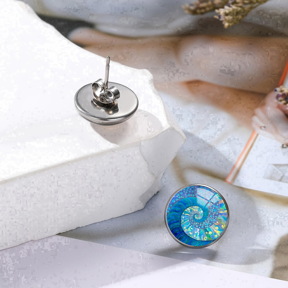 Blue Spiral Shell Stud Earrings