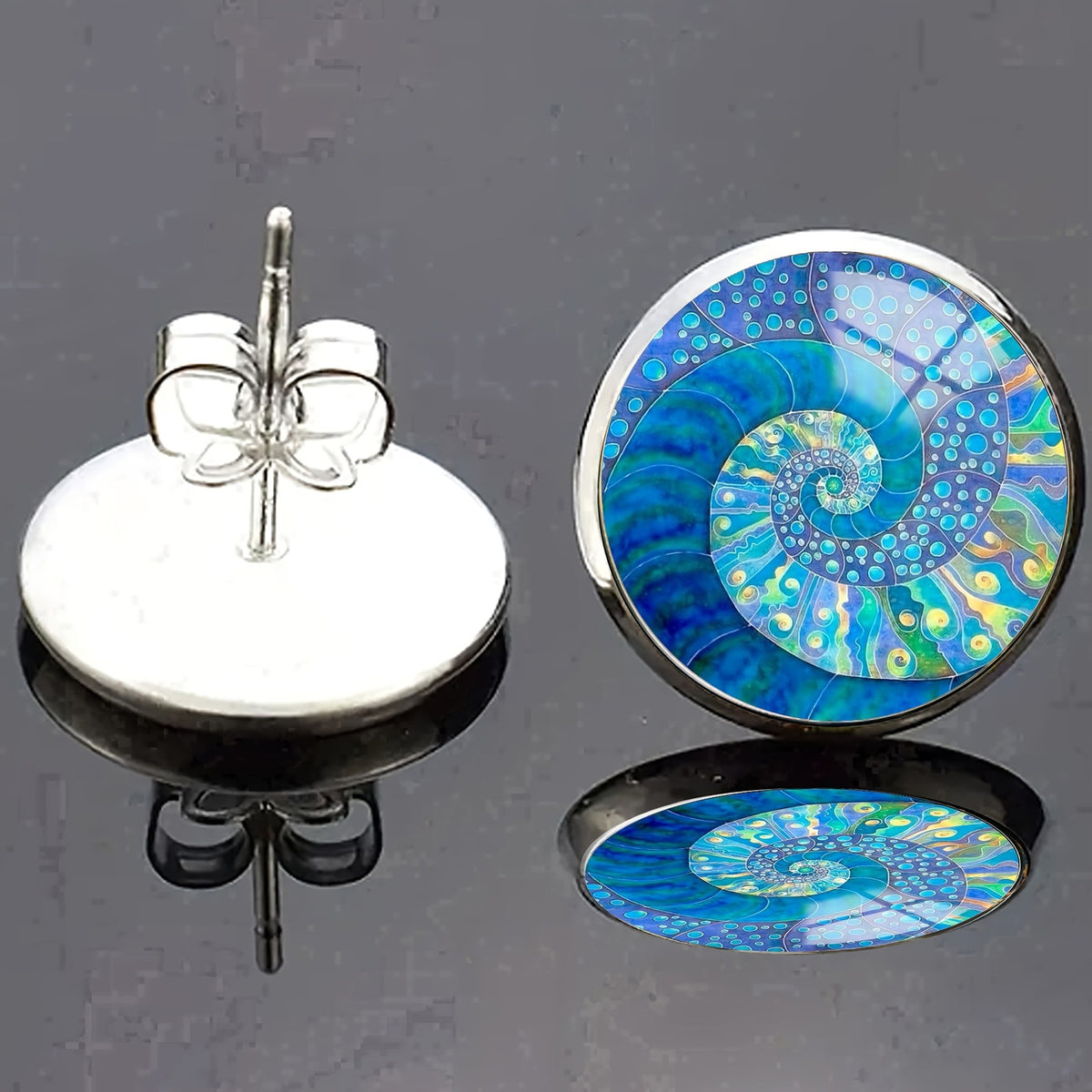 Blue Spiral Shell Stud Earrings