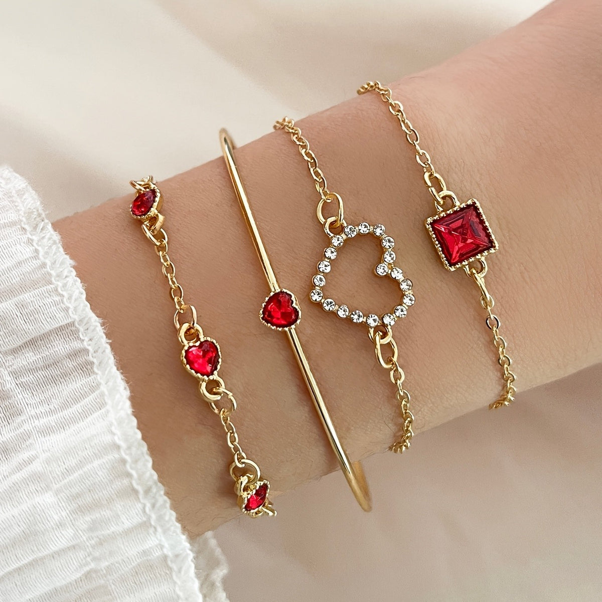 Crystal Heart & Square Charm Bracelet Set