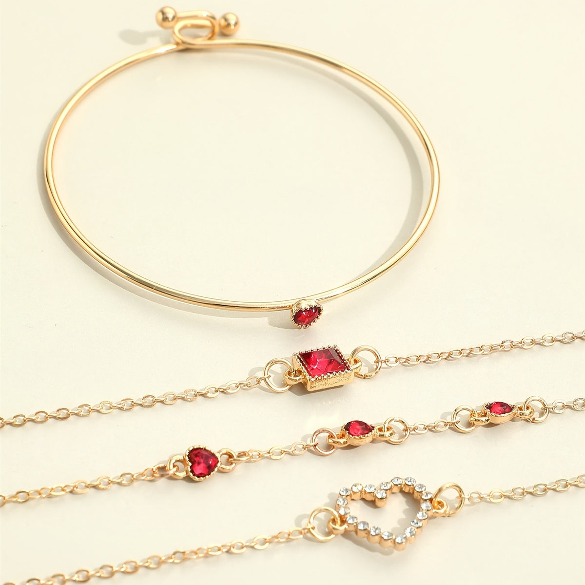 Crystal Heart & Square Charm Bracelet Set