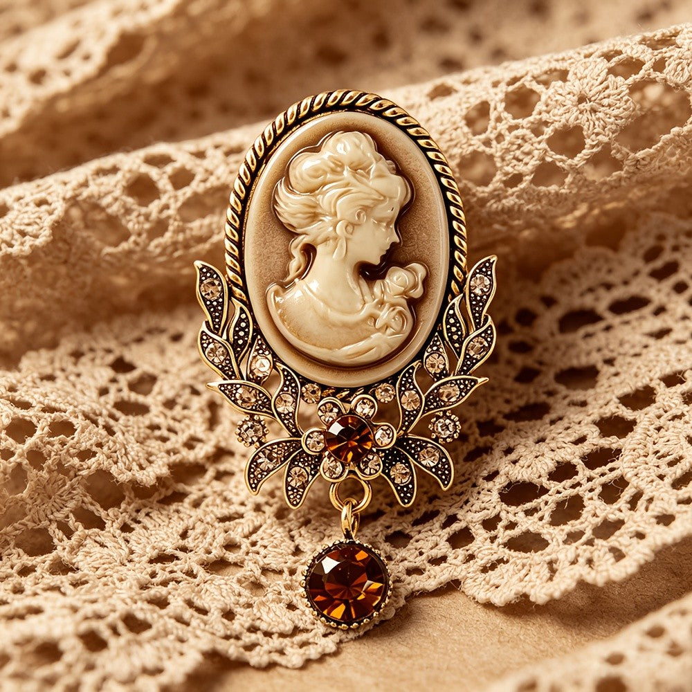 Cameo Floral Rhinestone Brooch