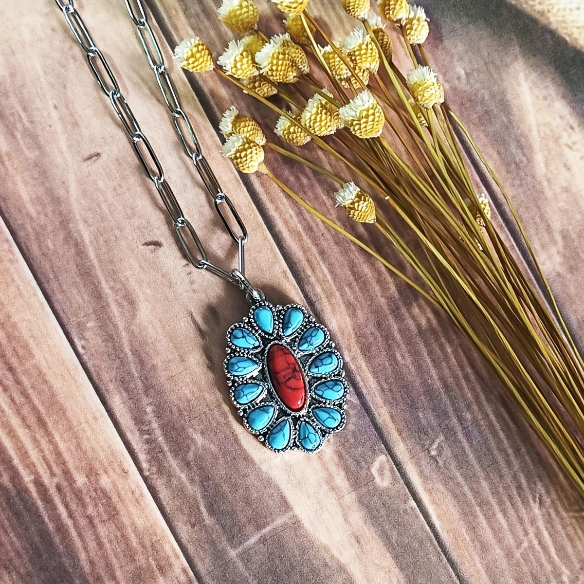 Red & Turquoise Oval Pendant Necklace
