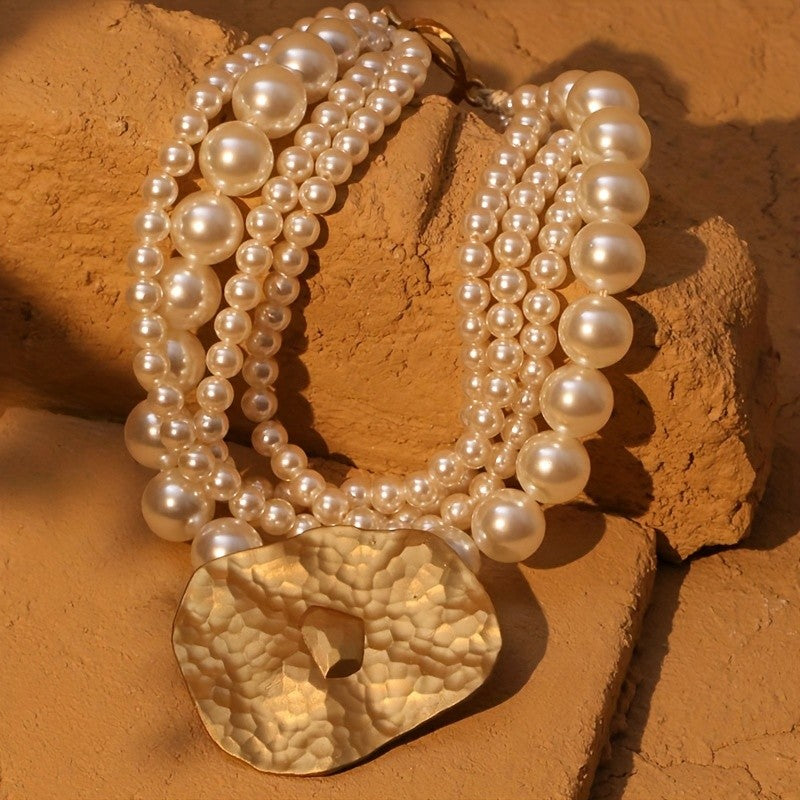 Hammered Disc Layered Pearl Pendant