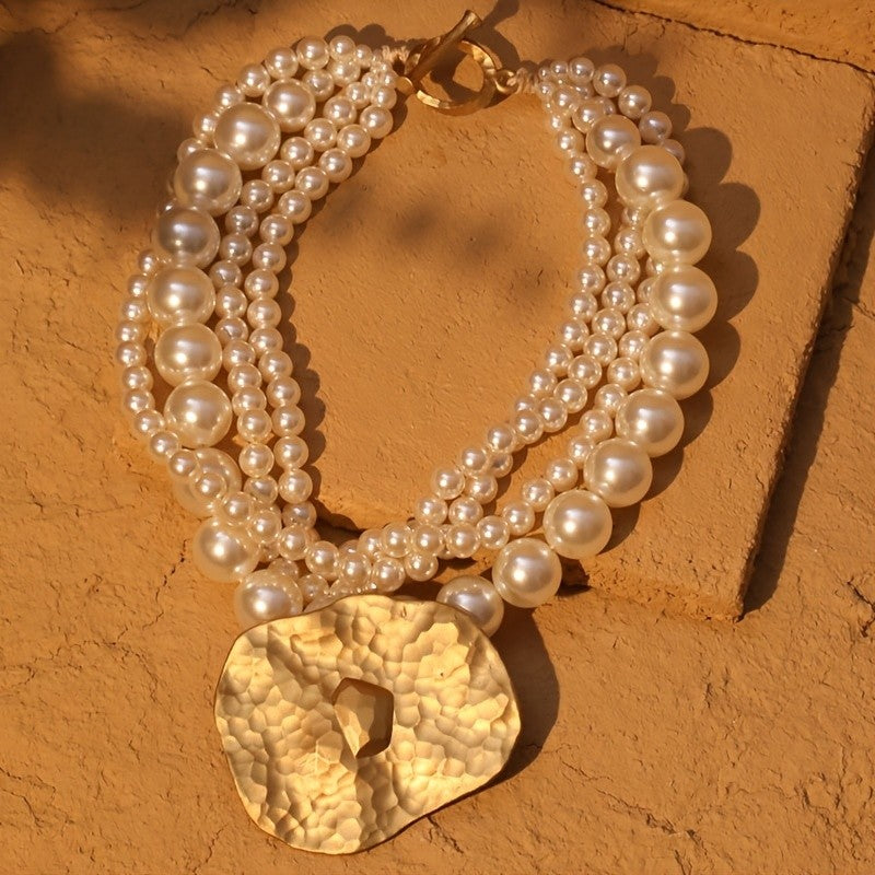 Hammered Disc Layered Pearl Pendant
