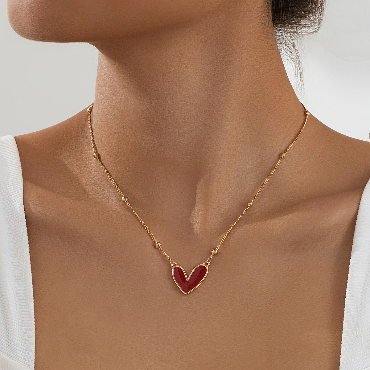 Red Enamel Heart Bead Chain Necklace