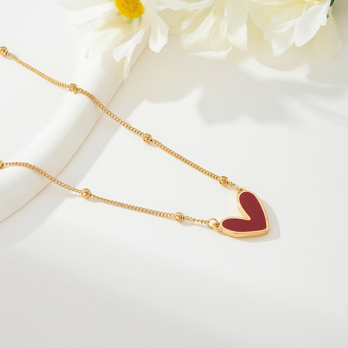 Red Enamel Heart Bead Chain Necklace