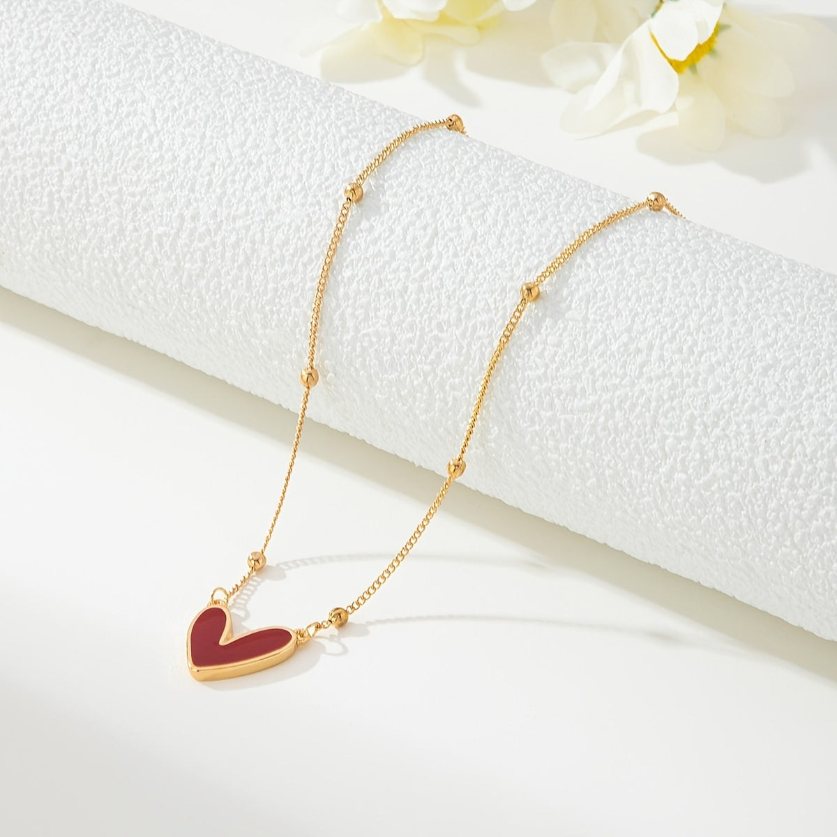 Red Enamel Heart Bead Chain Necklace