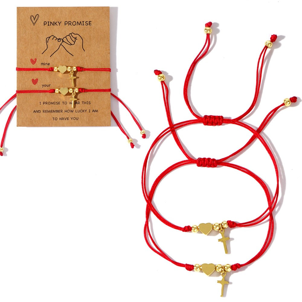 Heart & Cross Red Cord Bracelet Set