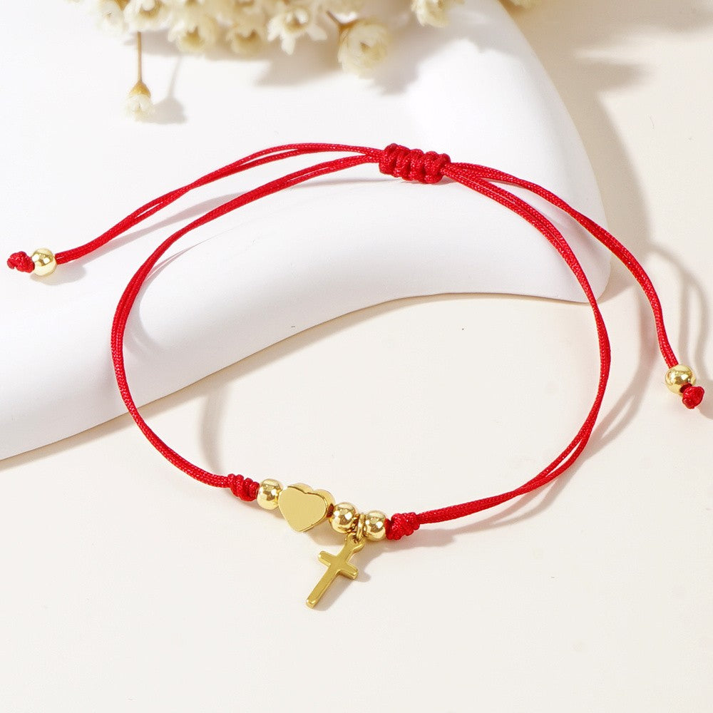 Heart & Cross Red Cord Bracelet Set
