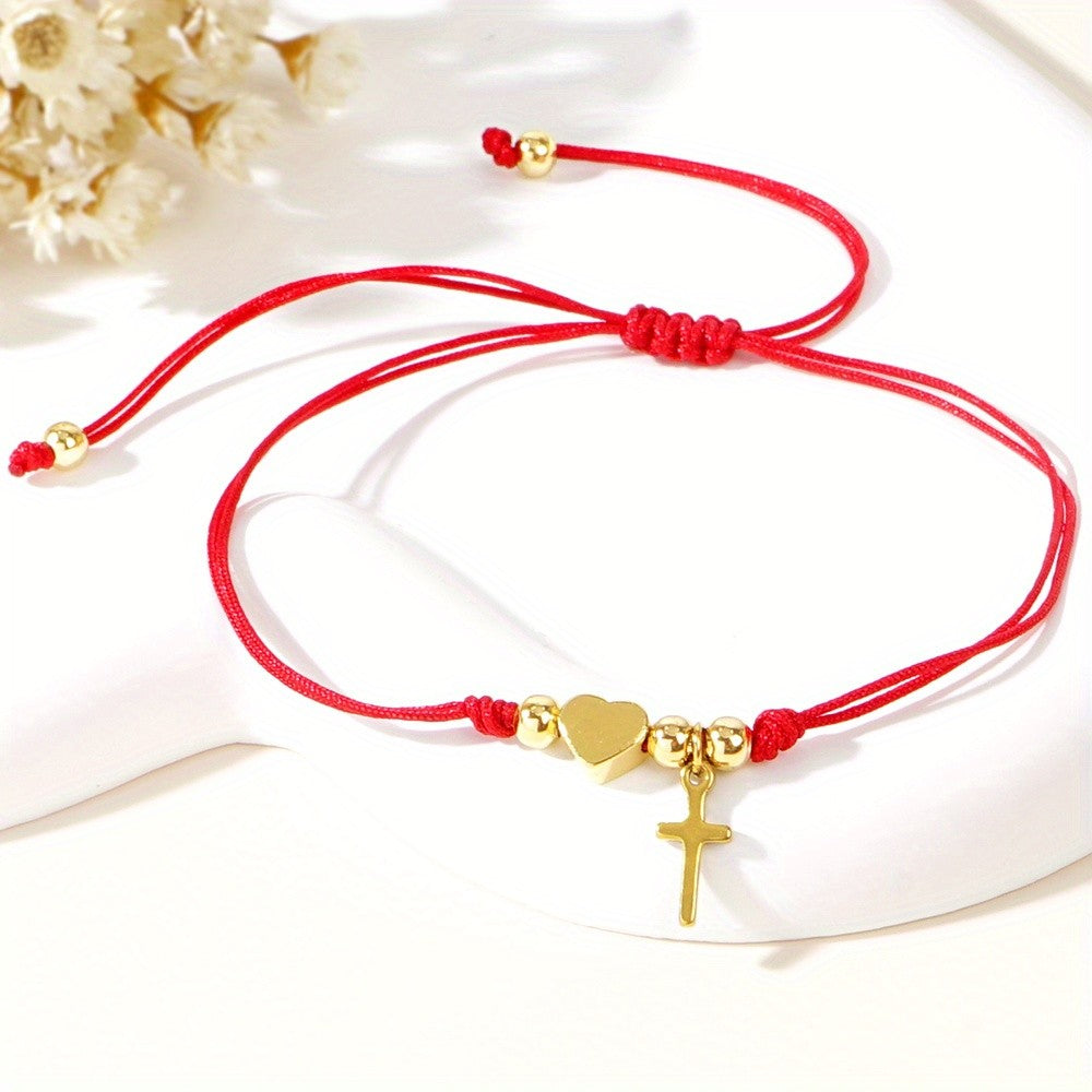 Heart & Cross Red Cord Bracelet Set