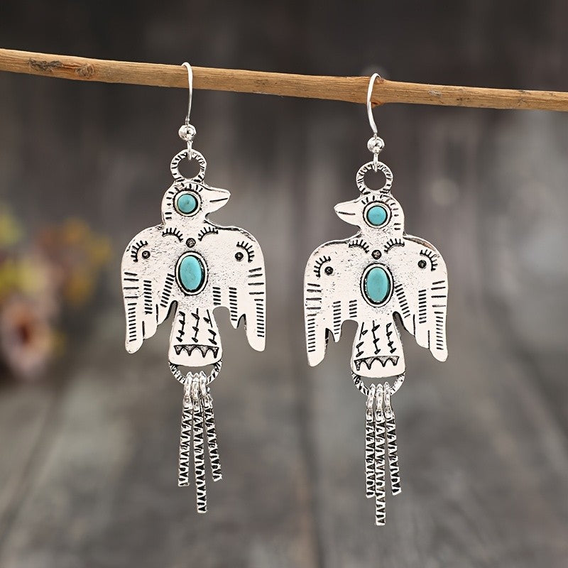 Turquoise Bird Tassel Earrings