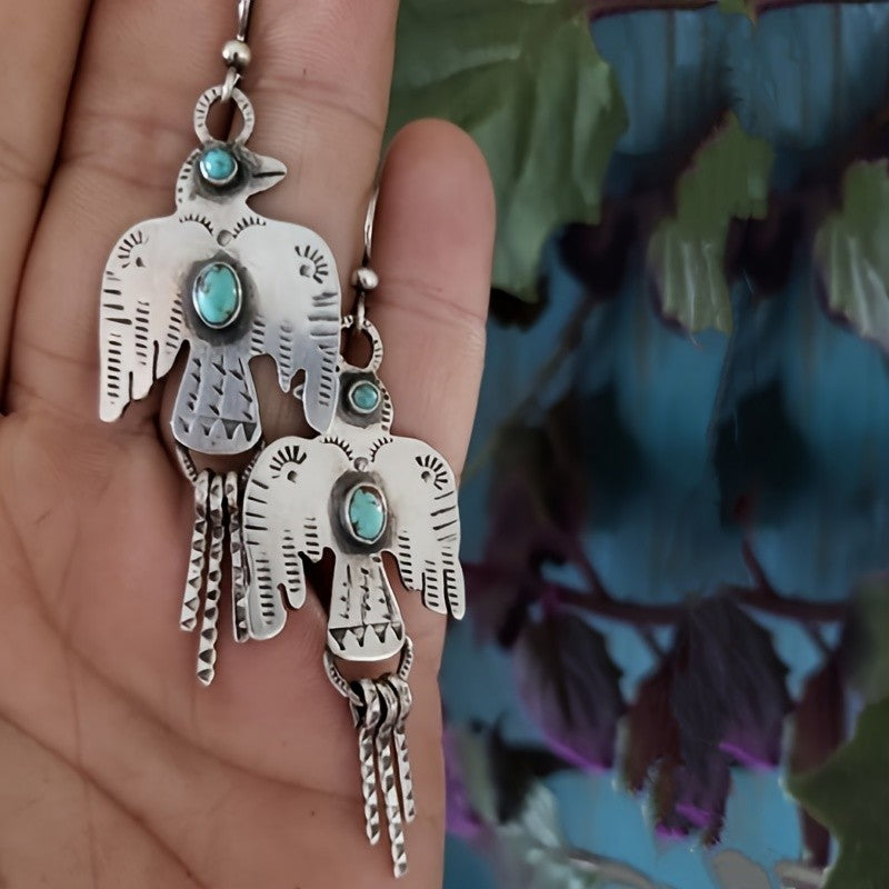 Turquoise Bird Tassel Earrings