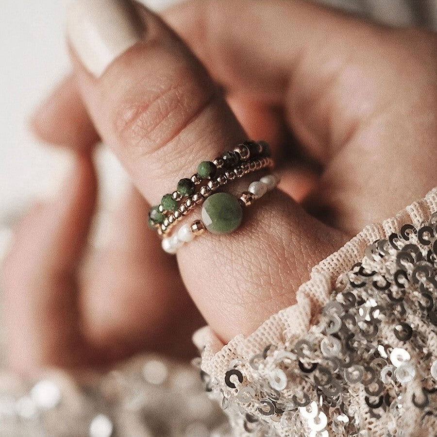 Green Stone & Pearl Stackable Ring Set