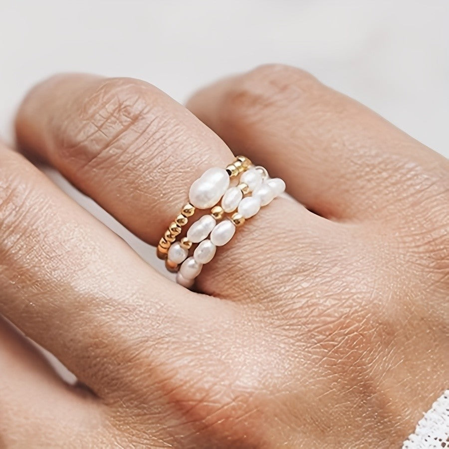 Green Stone & Pearl Stackable Ring Set