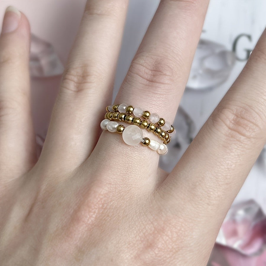 Green Stone & Pearl Stackable Ring Set