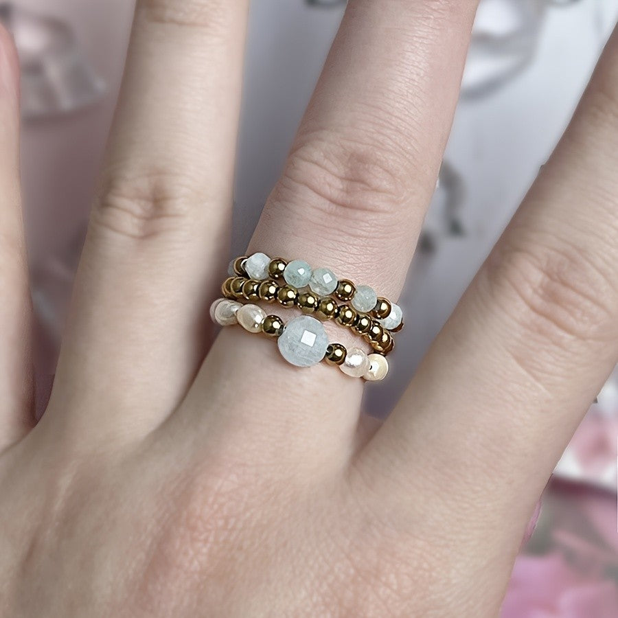 Green Stone & Pearl Stackable Ring Set