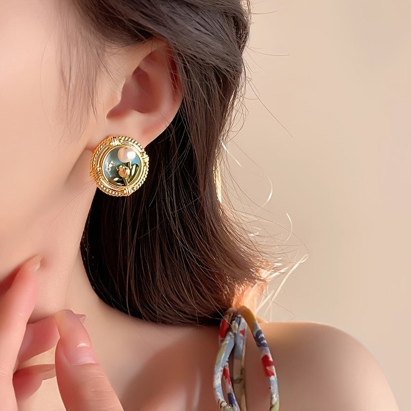 Blue Floral Pearl Stud Earrings