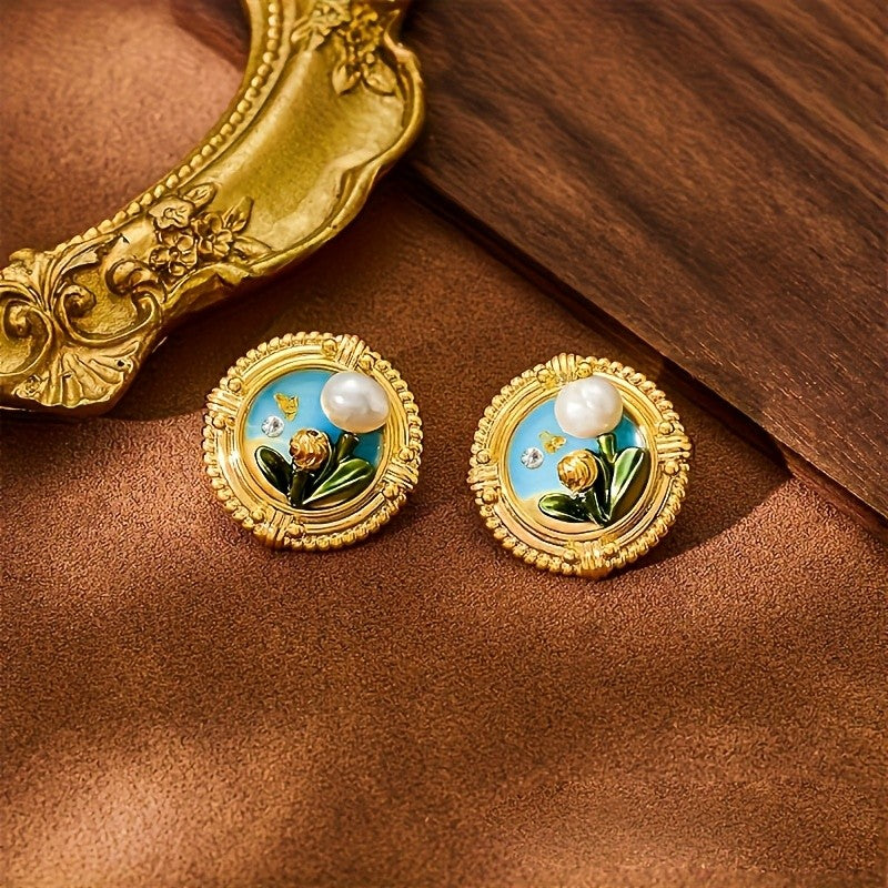 Blue Floral Pearl Stud Earrings