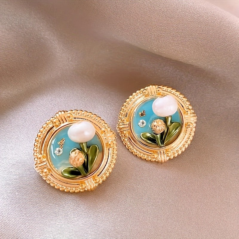 Blue Floral Pearl Stud Earrings