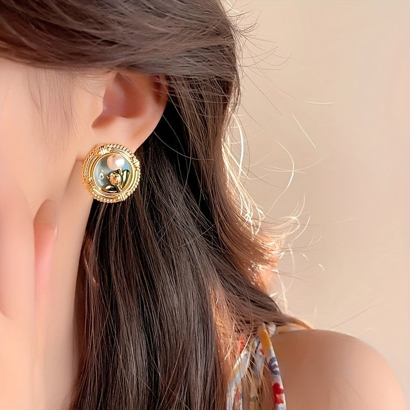 Blue Floral Pearl Stud Earrings