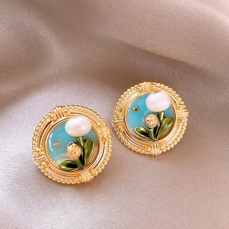 Blue Floral Pearl Stud Earrings