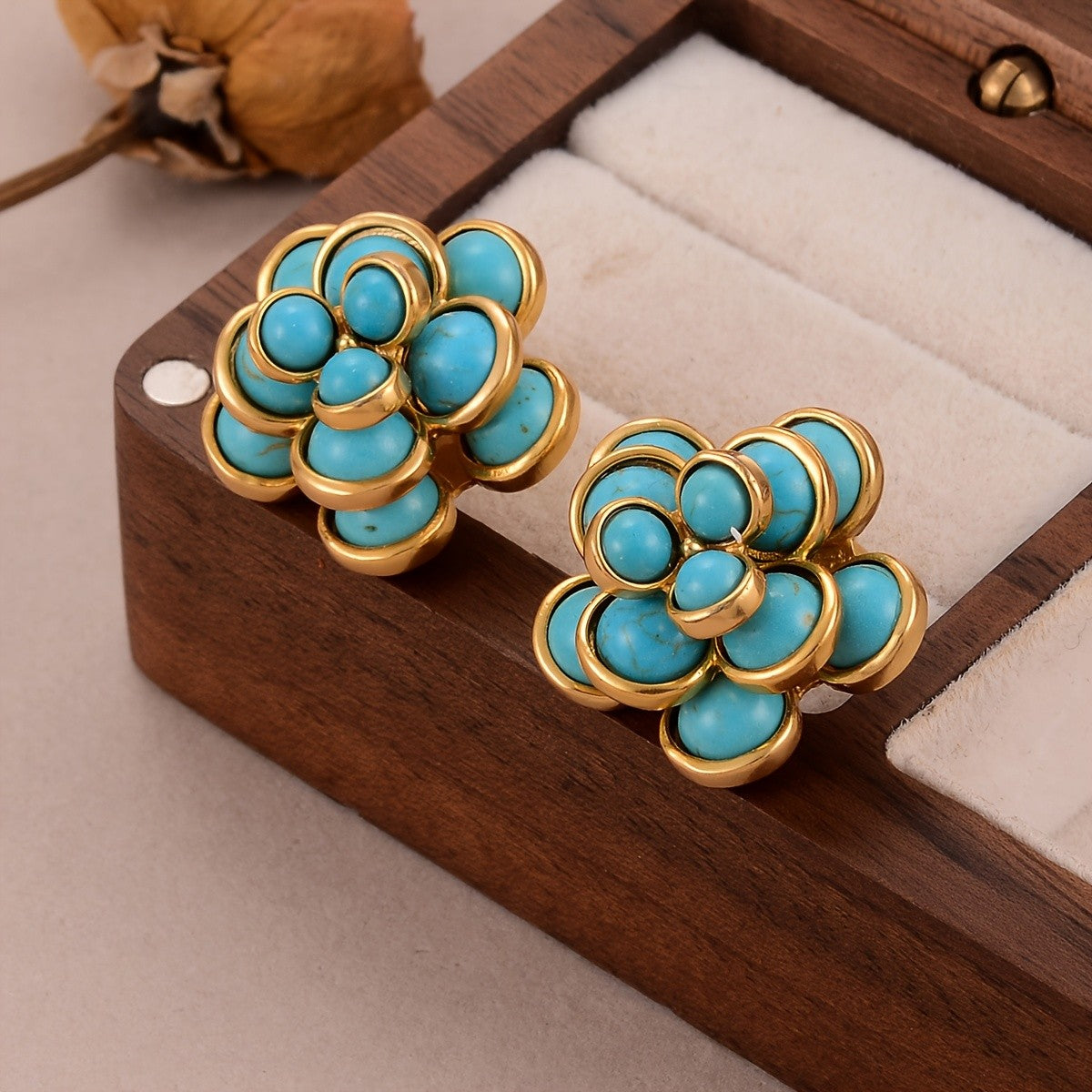 Synthetic Turquoise Floral Stud Earrings