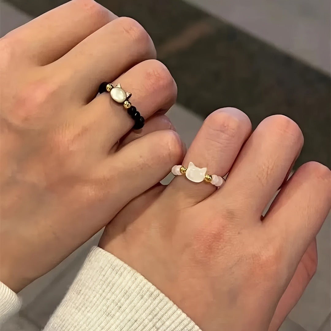 Black & White Cat Beaded Ring Set