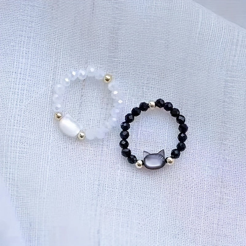Black & White Cat Beaded Ring Set