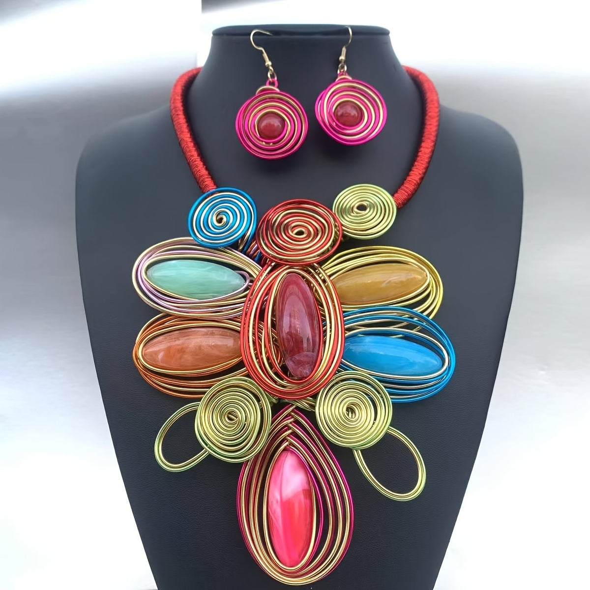 Colorful Wire Spiral Necklace & Earring Set