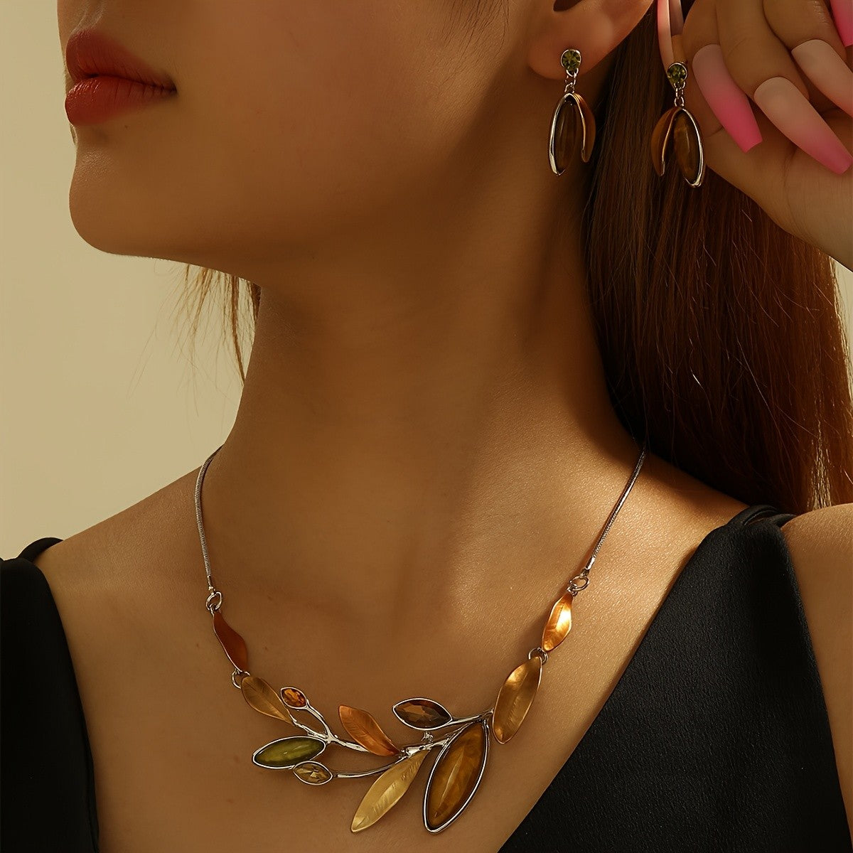 Amber Leaf Branch Necklace Set