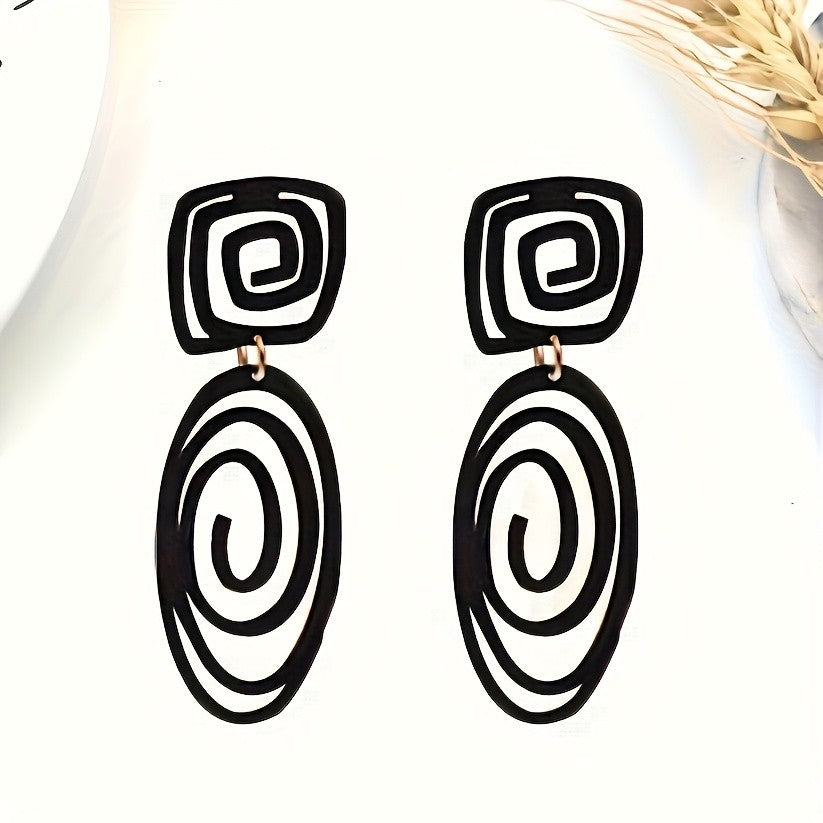 Black Geometric Spiral Drop Earrings