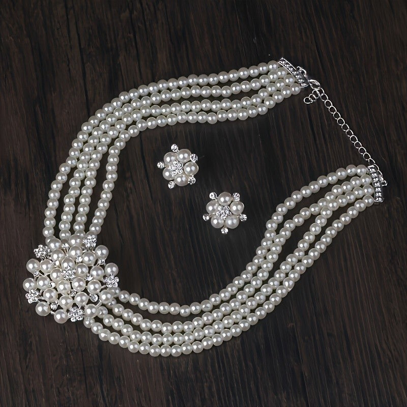 Layered Pearl & Crystal Floral Necklace Set