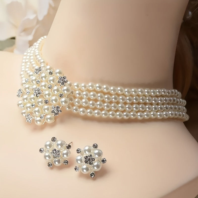 Layered Pearl & Crystal Floral Necklace Set