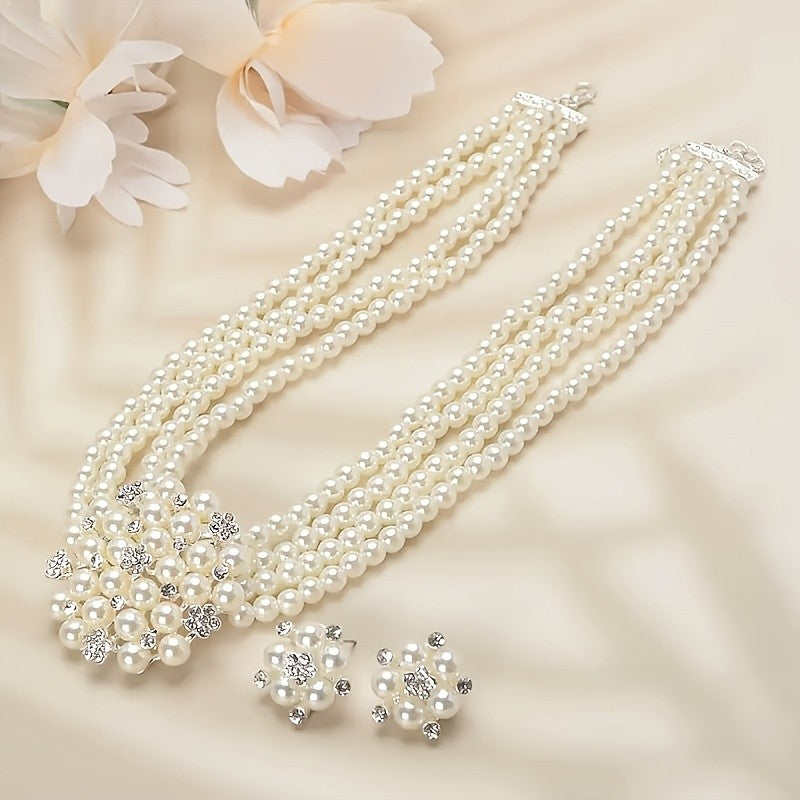 Layered Pearl & Crystal Floral Necklace Set