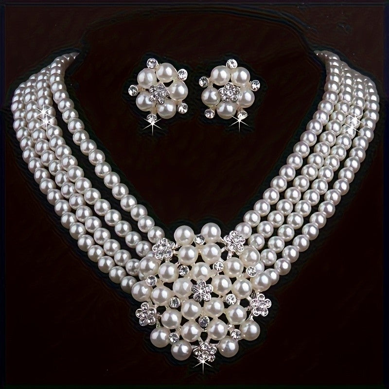 Layered Pearl & Crystal Floral Necklace Set