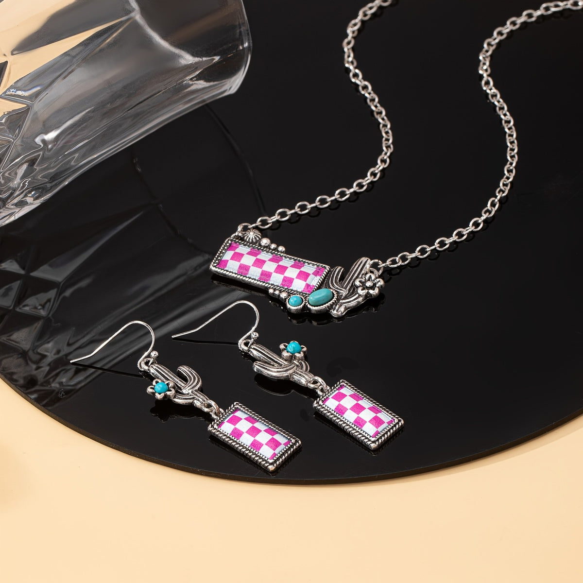 Checkerboard Cactus Necklace & Earring Set