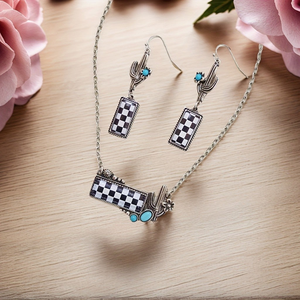 Checkerboard Cactus Necklace & Earring Set
