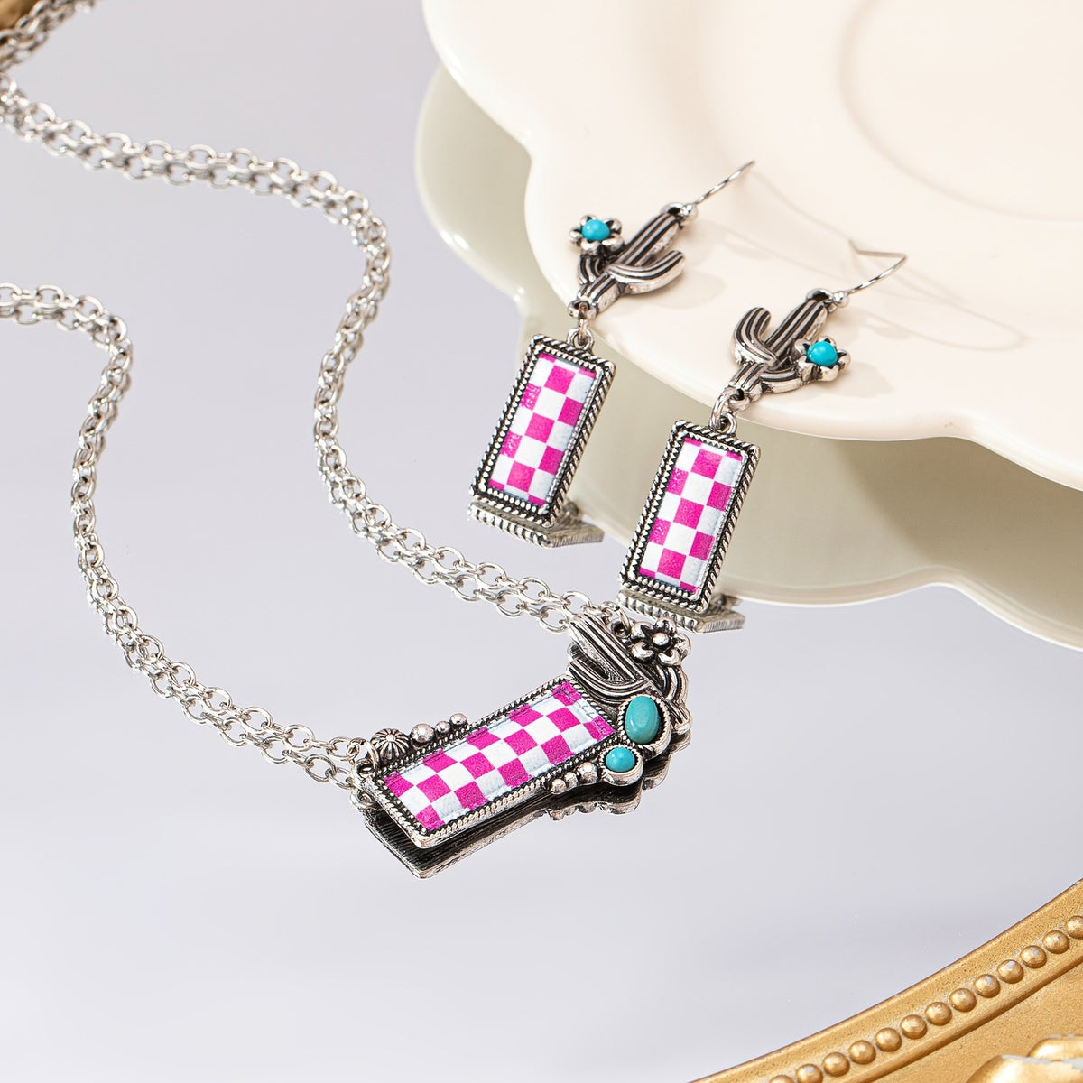 Checkerboard Cactus Necklace & Earring Set