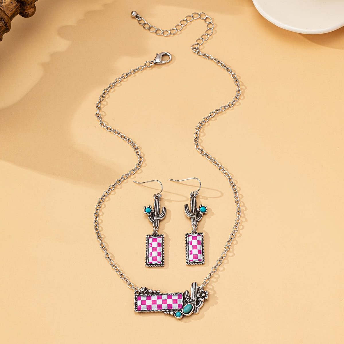 Checkerboard Cactus Necklace & Earring Set
