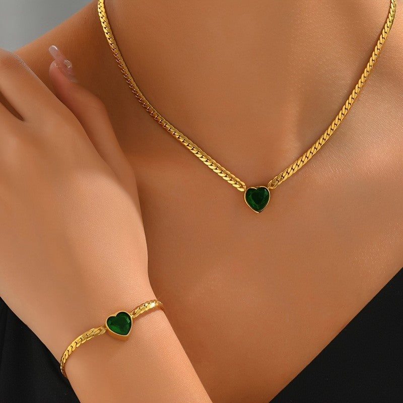 Green Heart Figaro Link Necklace & Bracelet Set
