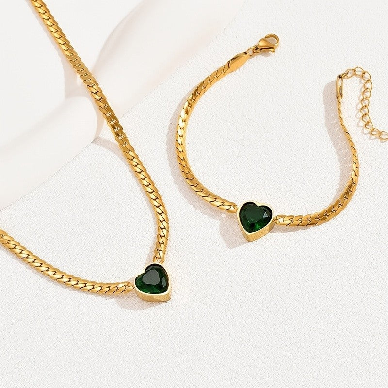 Green Heart Figaro Link Necklace & Bracelet Set